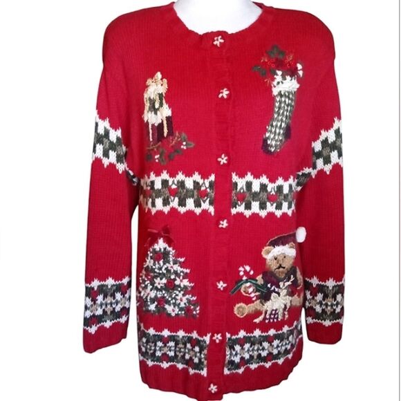 Vintage Petite Sophisticates Christmas Knit Fair Isle Button Up Cardigan Medium - Picture 1 of 7